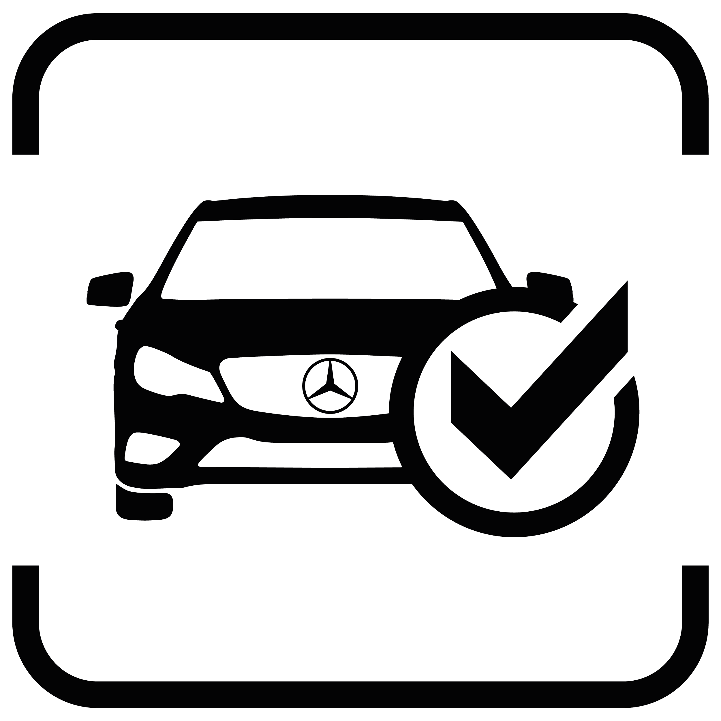 Schwarzes Icon eines Mercedes-Benz von vorne, der mit einem Haken versehen ist