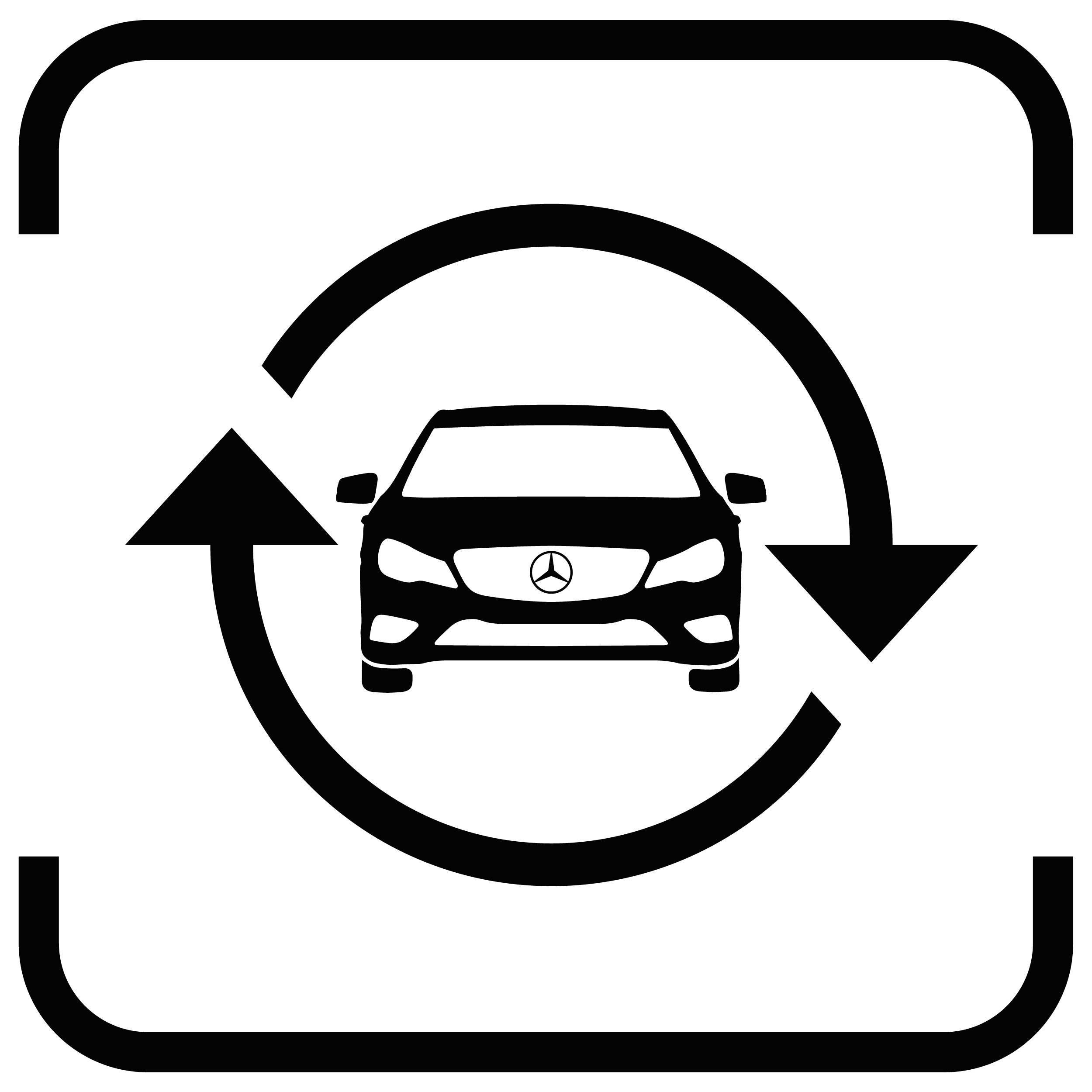 Schwarzes Icon eines Mercedes-Benz von vorne der von einem runden Kreis umgeben ist