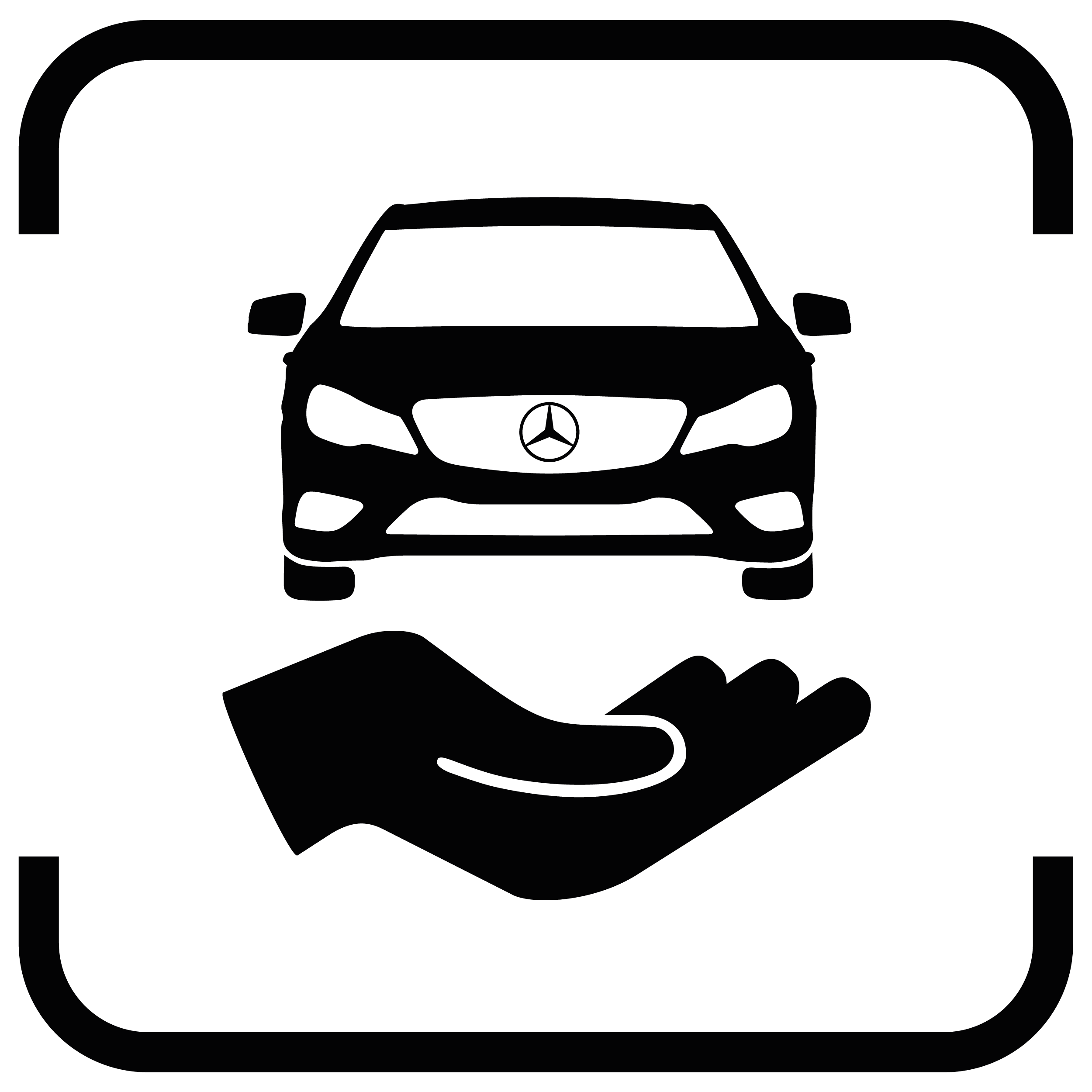Schwarzes Icon eines Mercedes-Benz, darunter eine offene Hand