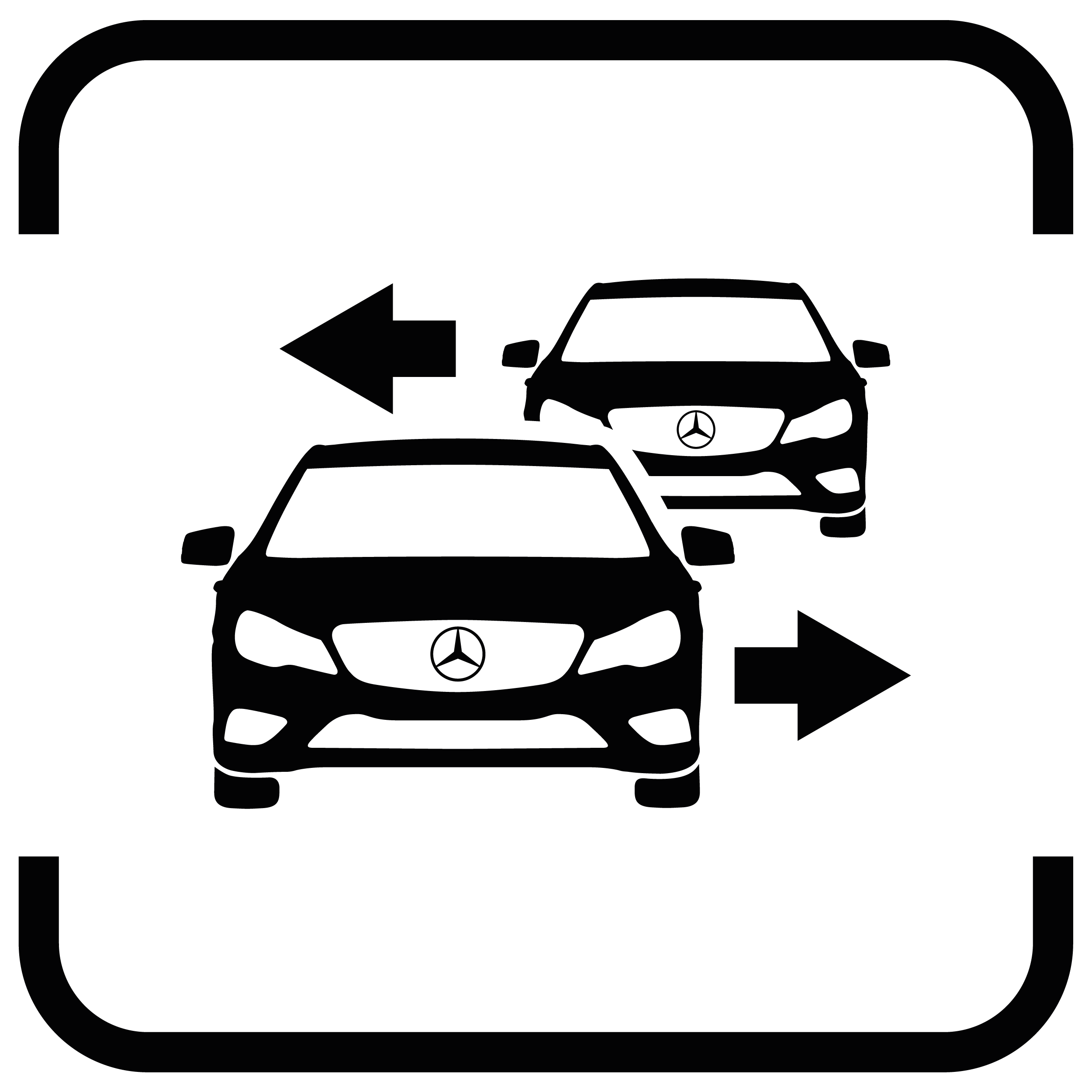 Schwarzes Icon zweier Mercedes-Benz Fahrzeuge von vorne, ein Pfiel zeigt nach links, einer nach rechts