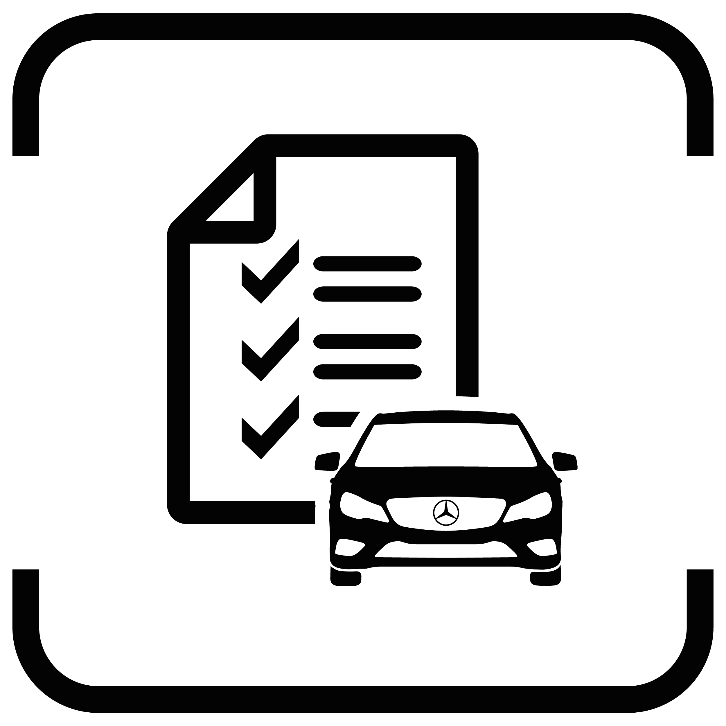 Schwarzes Icon eines Mercedes-Benz von vorne, links daneben eine Checkliste