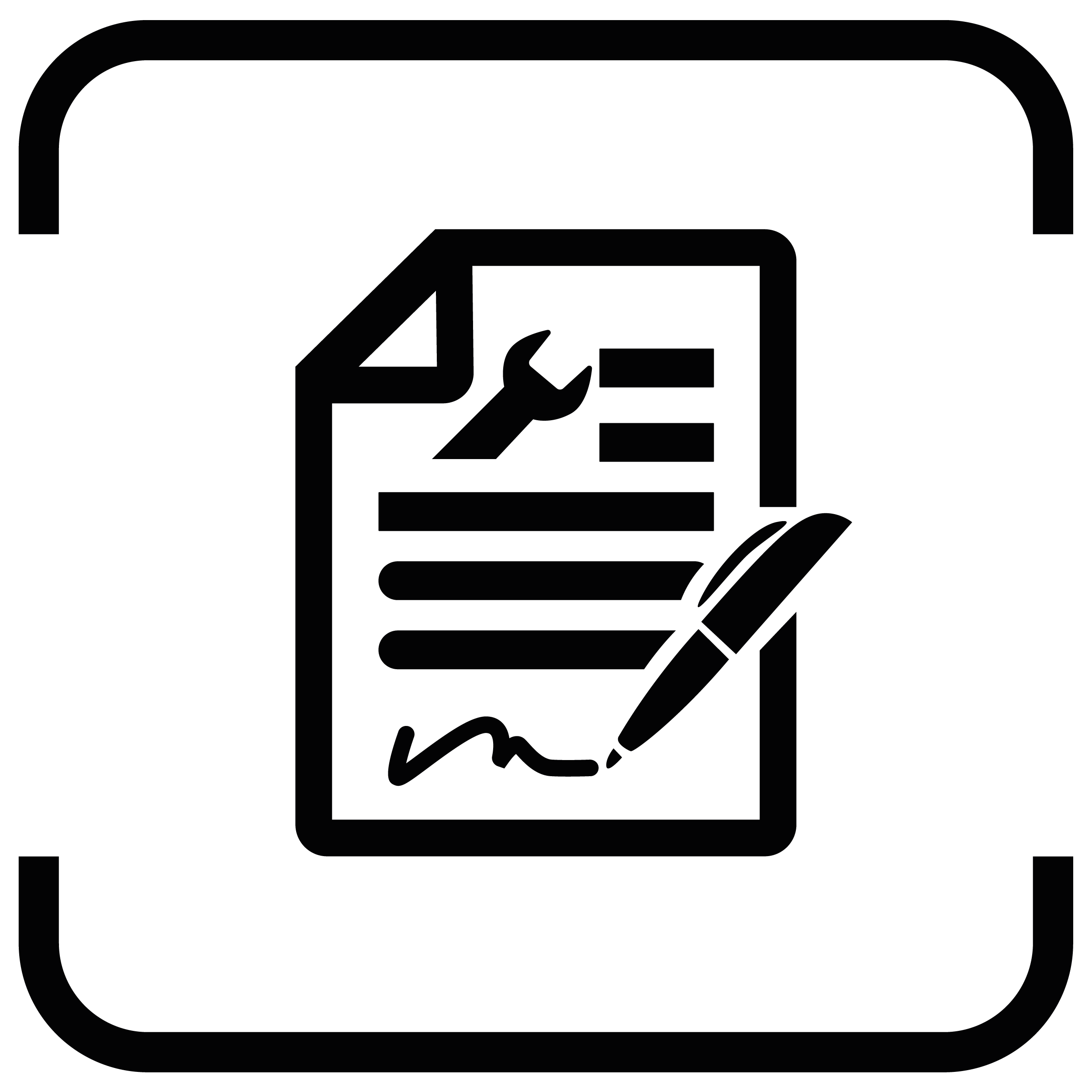 Schwarzes Icon eines Vertrages mit Stift der eine Unterschrift setzt