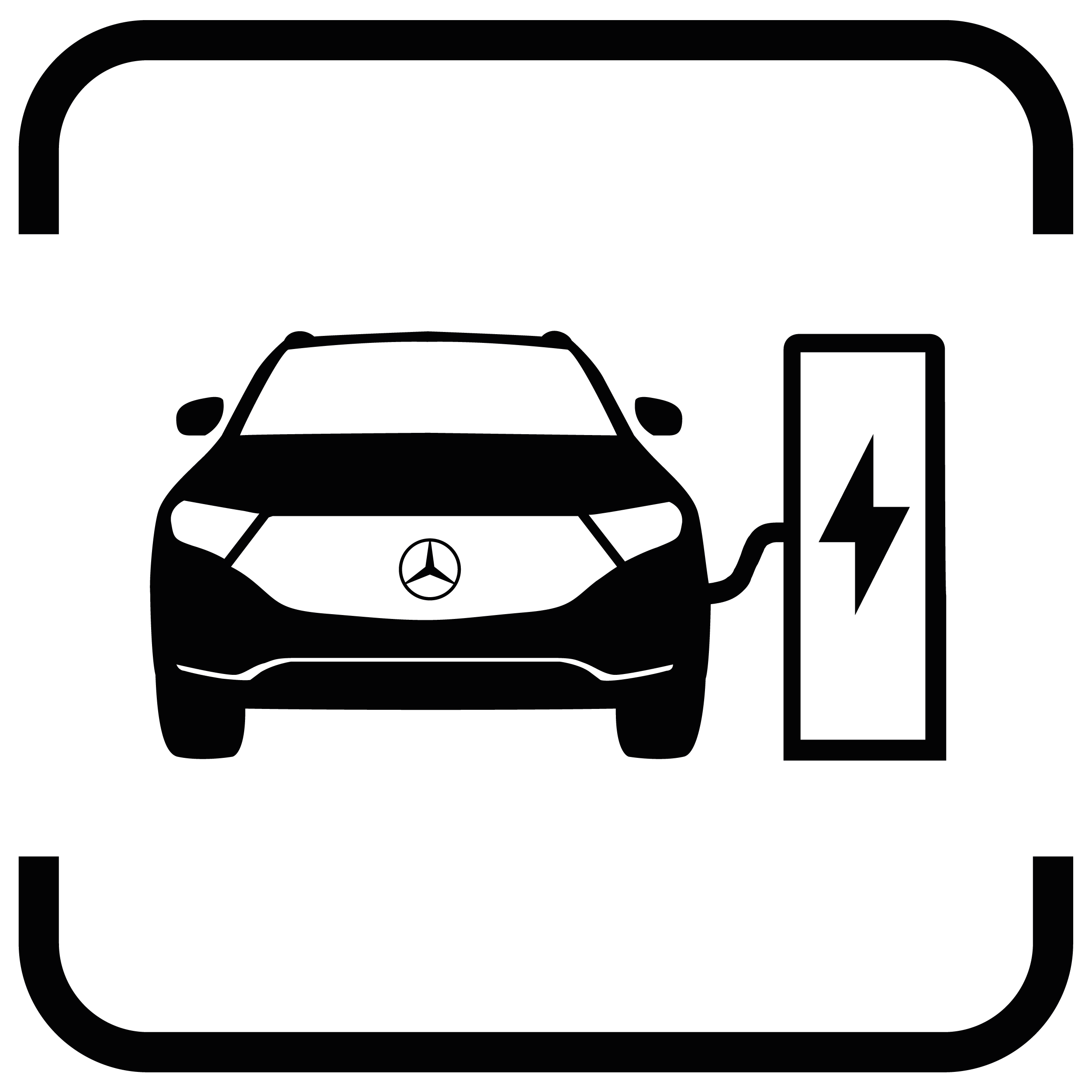 Schwarzes Icon eines vollelektrischen Mercedes-Benz, verbunden mit einer E-Ladesäule