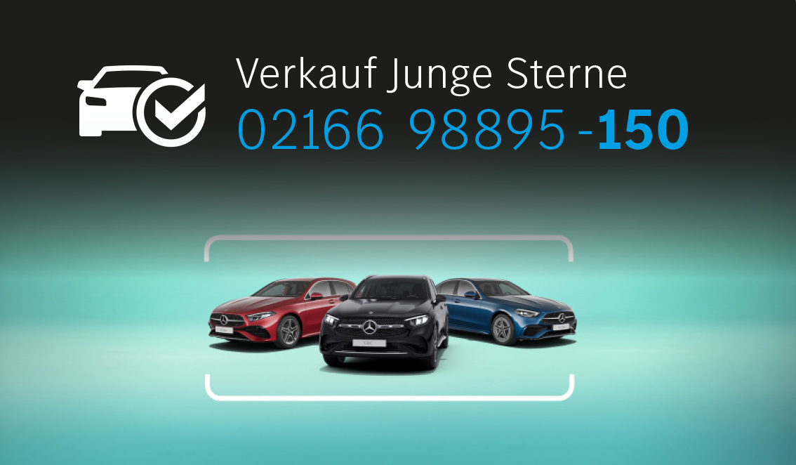 3 Junge Sterne Fahrzeuge vor einem leuchtend grünen Hintergrund, darauf ein weißes Icon dass einen Mercedes von vorne zeigt und eine Telefonnummer 02166-98895-150